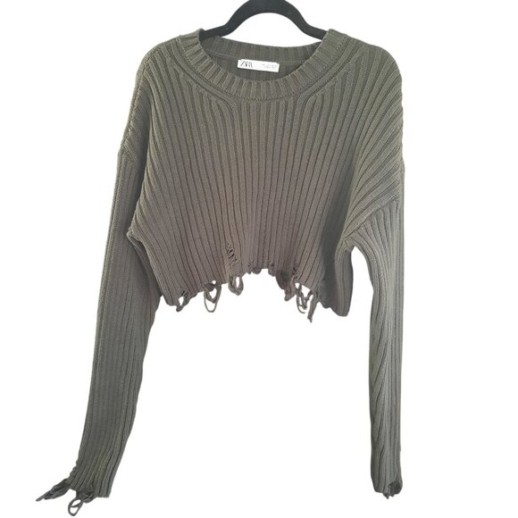 Zara Distressed Cropped Ribbed Knit Sweater Olive Green - Picture 3 of 9